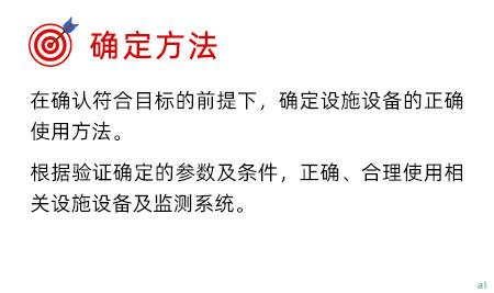 確定驗證方法：在確認符合目標的前提下，確定設施設備的正確使用方法。 根據驗證確定的參數及條件，正確、合理使用相關設施設備及監測系統。