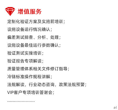 定制化溫濕度驗證增值服務：定制化驗證方案及實施前培訓； 設施設備運行情況確認； 偏差測試排查、分析、處理； 設施設備最佳運行參數確認； 驗證測試實操培訓； 驗證報告專項解讀； 質量管理體系相關文件修訂指導； 冷鏈標準操作規程講解； 法規解讀，行業動態咨詢，政策法規預警； VIP客戶專項培訓答謝會；