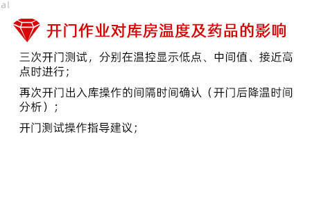 開門作業對庫房溫度影響及藥品的影響：三次開門測試，分別在溫控顯示低點、中間值、接 近高點時進行； 再次開門出入庫操作的間隔時間確認（開門后降溫 時間分析）； 開門測試操作指導建議；