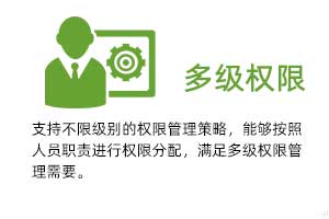 多級權限：支持不限級別的權限管理策略，能夠按照人 員職責進行權限分配，滿足多級權限管理需 要。