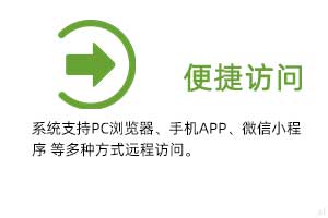 便攜訪問：系統支持PC瀏覽器、手機APP、微信小程序 等多種方式遠程訪問。